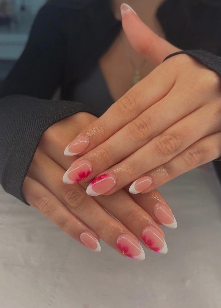 Pink French nails with floral detail